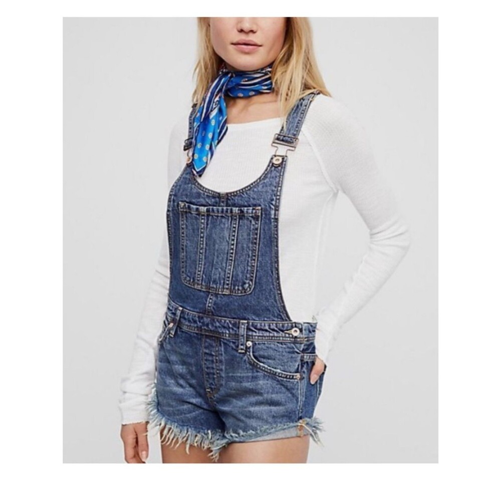 Free People Summer Babe Distressed Denim Short Overalls